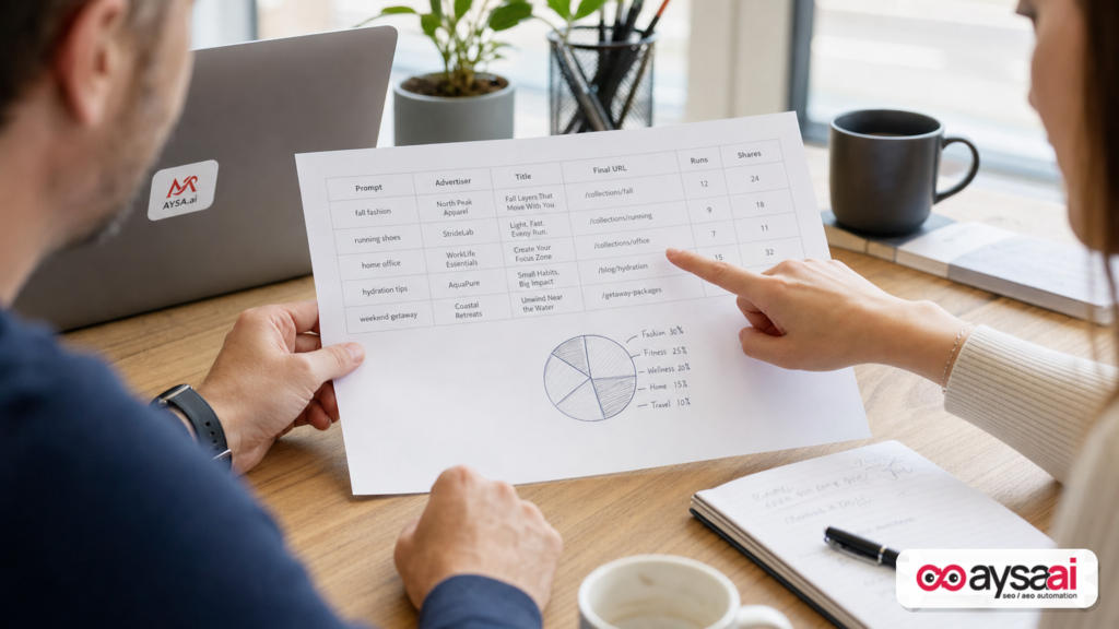 A desk with a printed spreadsheet template for tracking prompt-level ad impressions and share of voice.