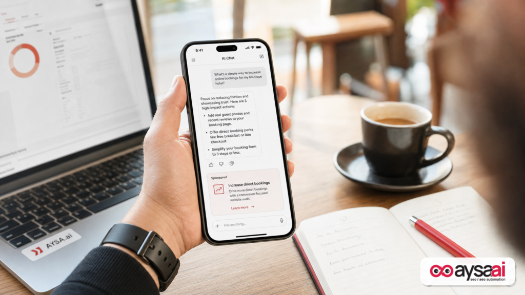 A phone showing a generic AI chat answer with a clearly separated sponsored card below it.
