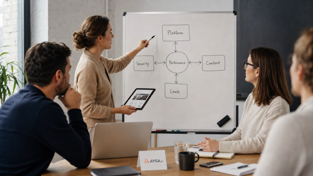 A small business team mapping how website platform decisions affect performance, security, content, and leads.
