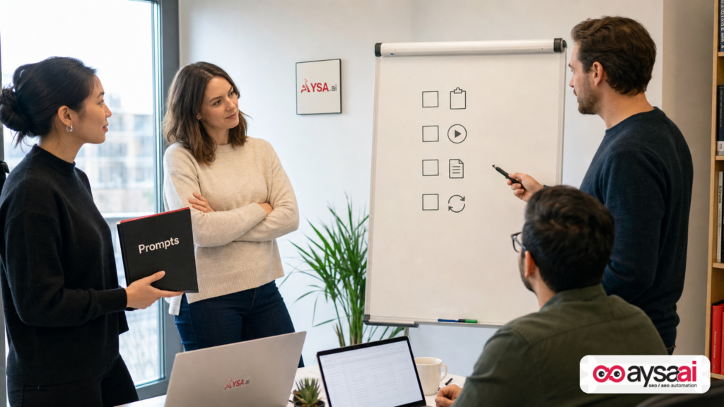 A small team reviewing a simple checklist workflow for prompt monitoring.