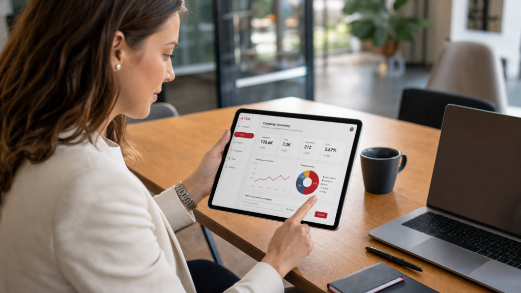 Business owner and marketing consultant discussing branded search controls on a tablet.