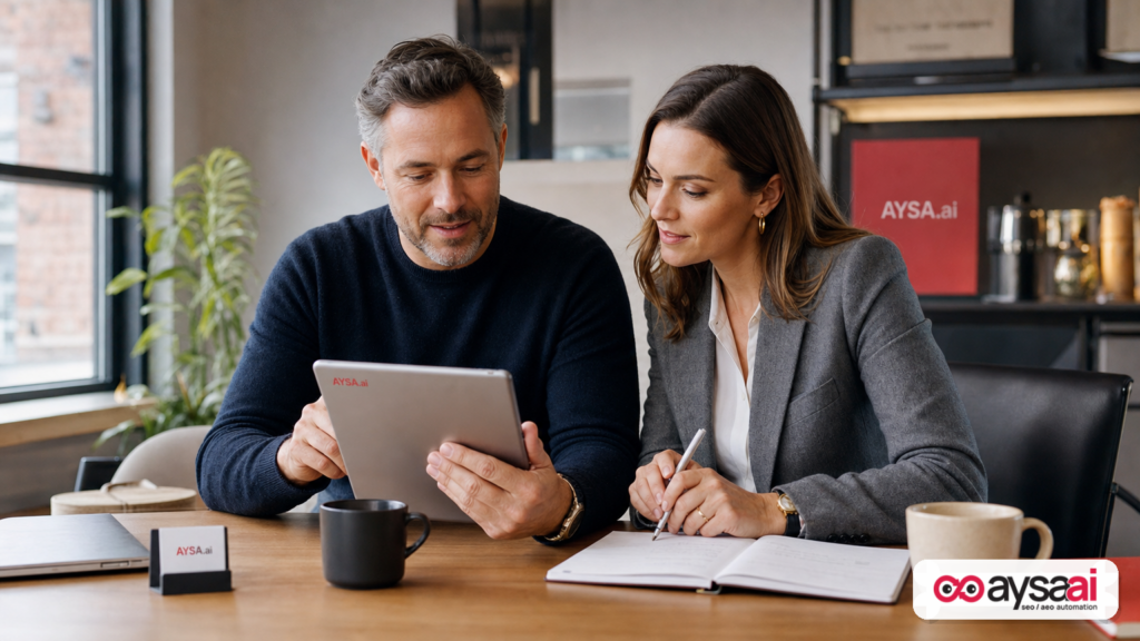 Business owner approving AI-assisted marketing actions while a strategist reviews customer context.