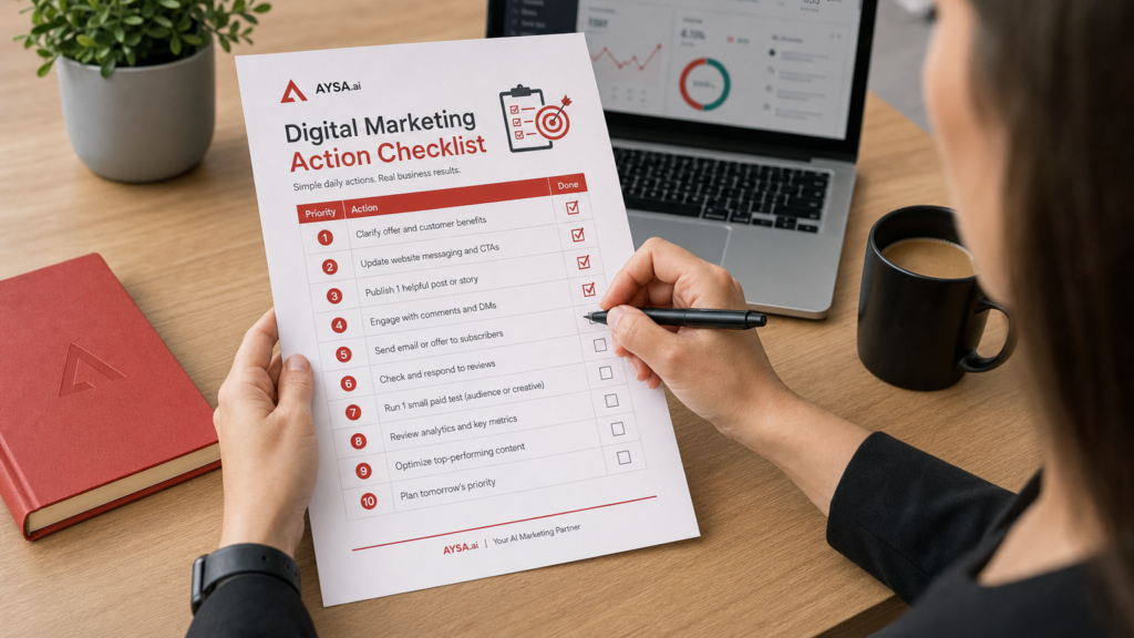 Business owner checking off digital marketing action plan.