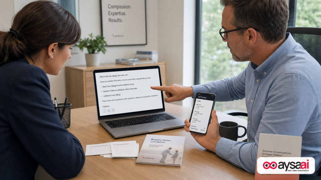 Clinic manager and marketer reviewing AI search citations on a laptop in a clinic office.