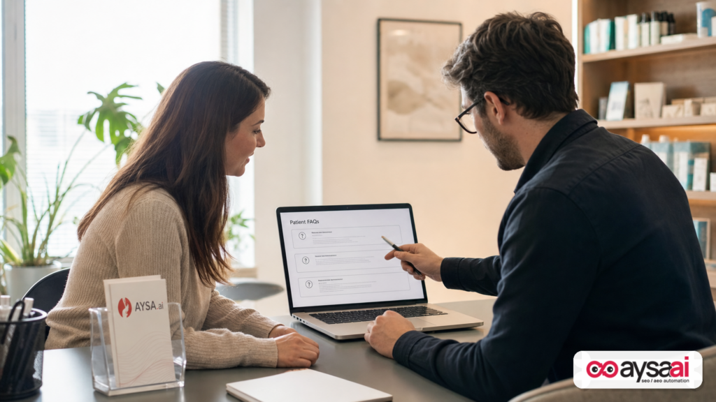 Clinic manager reviewing a patient FAQ content plan designed for AI search visibility.