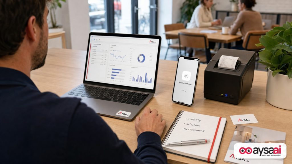 Desk scene showing an AI assistant confirmation on a phone next to notes about visibility and measurement.