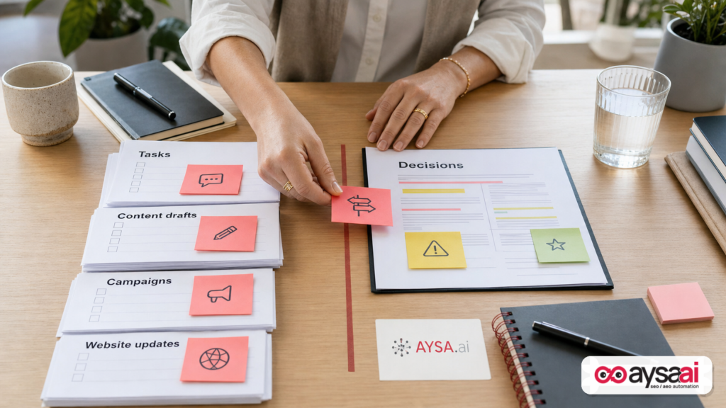 Desk scene showing tasks on one side and decision-making notes on the other, illustrating execution versus judgment work.