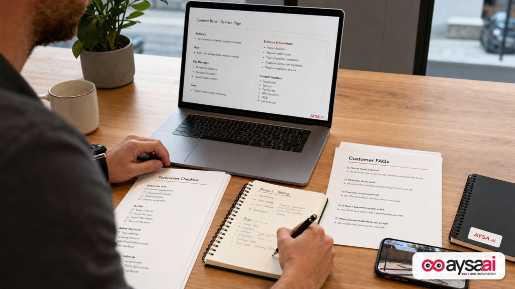 Desk with business documentation and real-world proof used to create differentiated content.