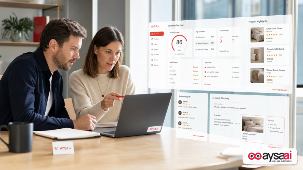 Ecommerce team reviewing Merchant Center AI visibility insights.