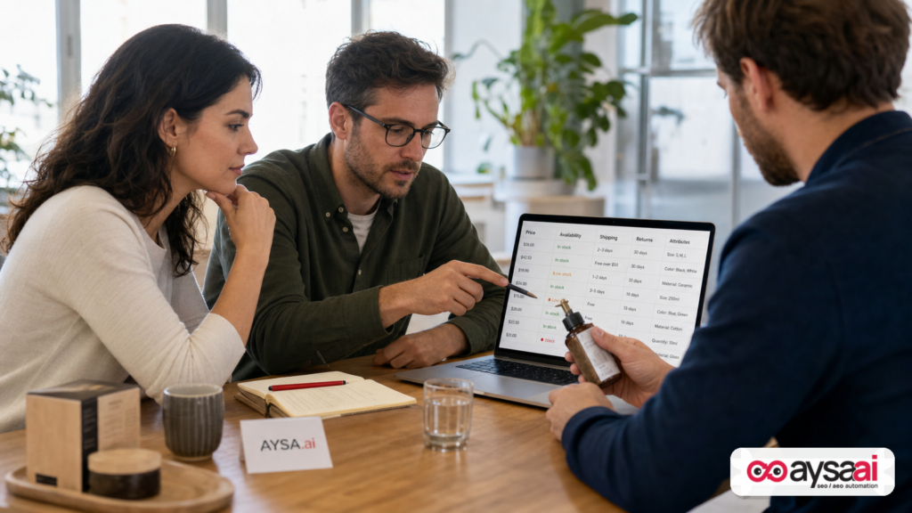 Ecommerce team reviewing product attributes and pricing consistency on a laptop.