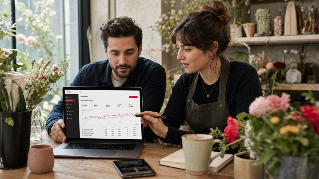 Florist owner and marketer reviewing branded search campaign settings.