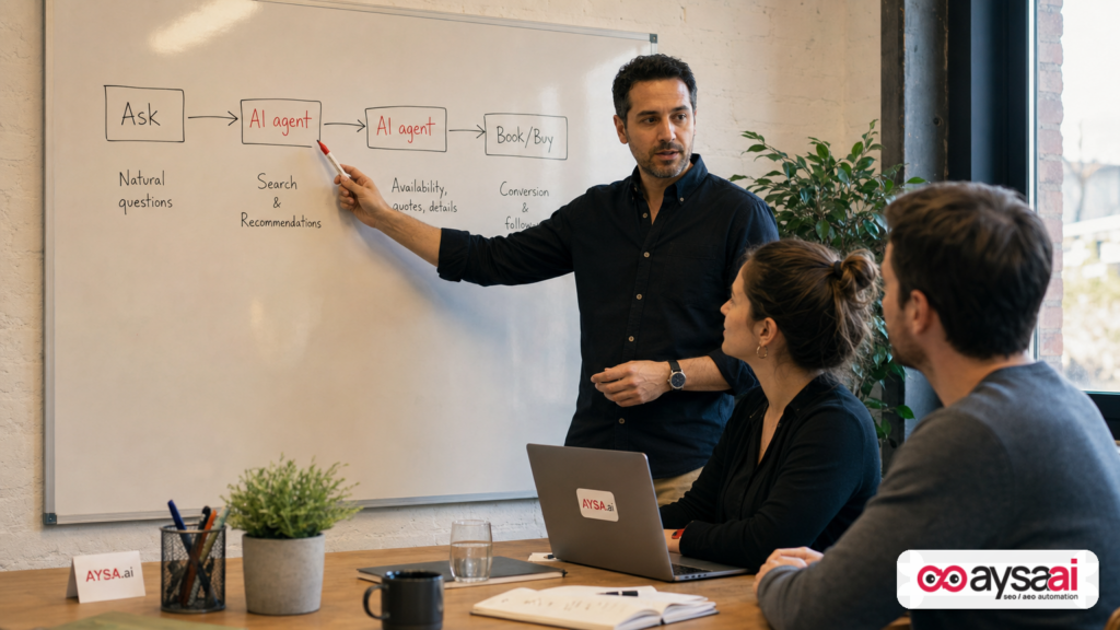 Founder explaining an agentic search journey on a whiteboard with arrows from question to booking.