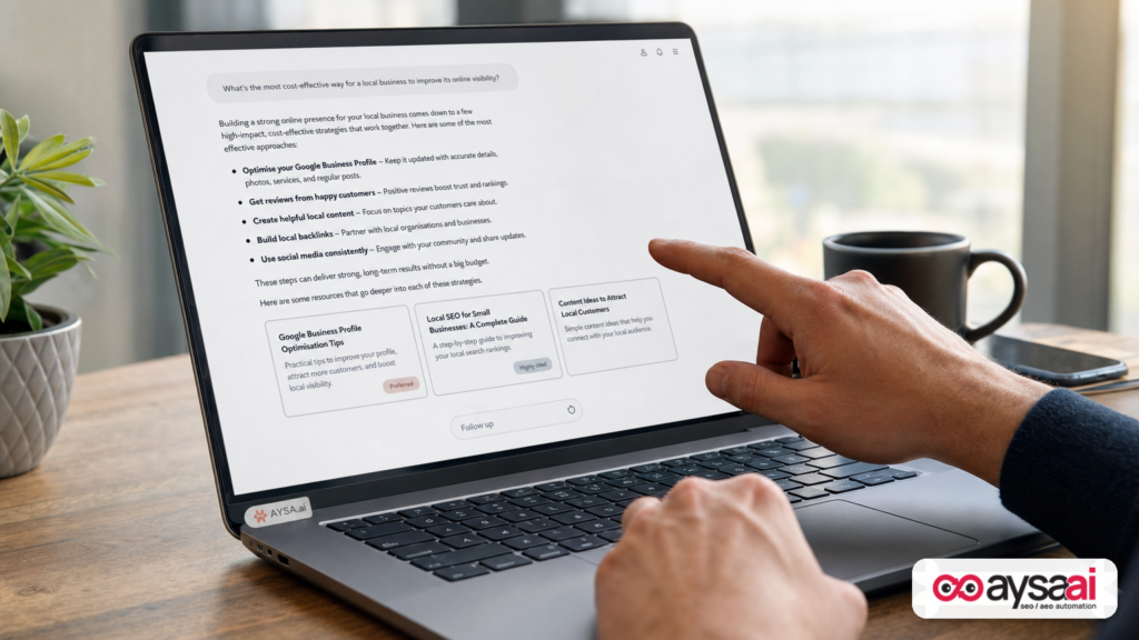 Hands pointing at preferred and highly cited badges inside a generic AI answer layout on a laptop screen.