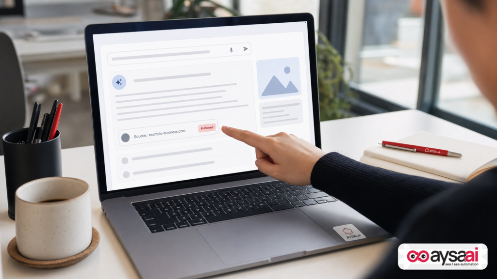 Laptop showing a generic AI answer card with a visible source label concept representing preferred sources.
