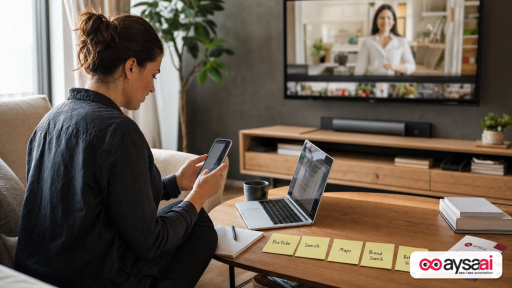 Multi-device customer journey represented by phone, laptop, and TV with channel touchpoint notes