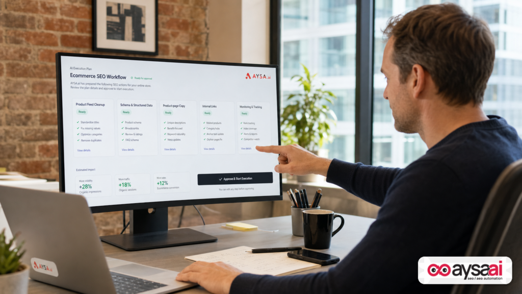 Online store owner approving AYSA ecommerce visibility actions.