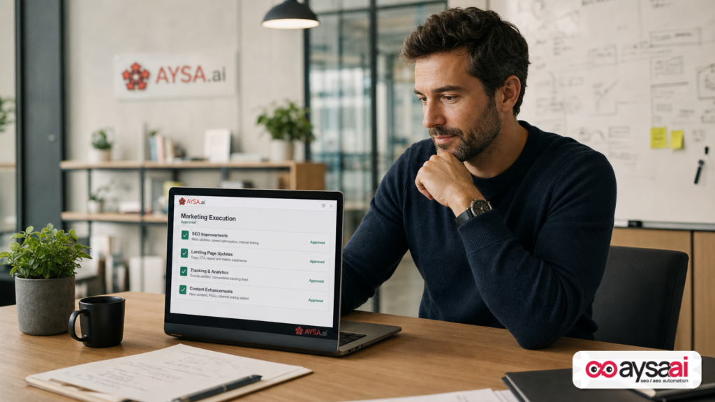 SME founder reviewing an AYSA approval checklist for SEO and marketing execution tasks.