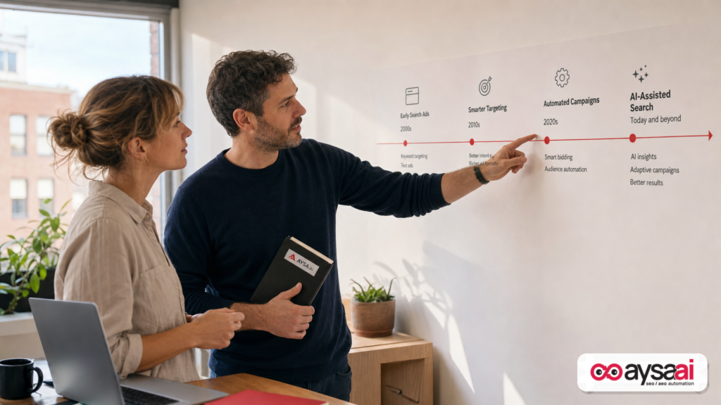 Small business owner and marketer reviewing the evolution of paid search into AI-assisted marketing.