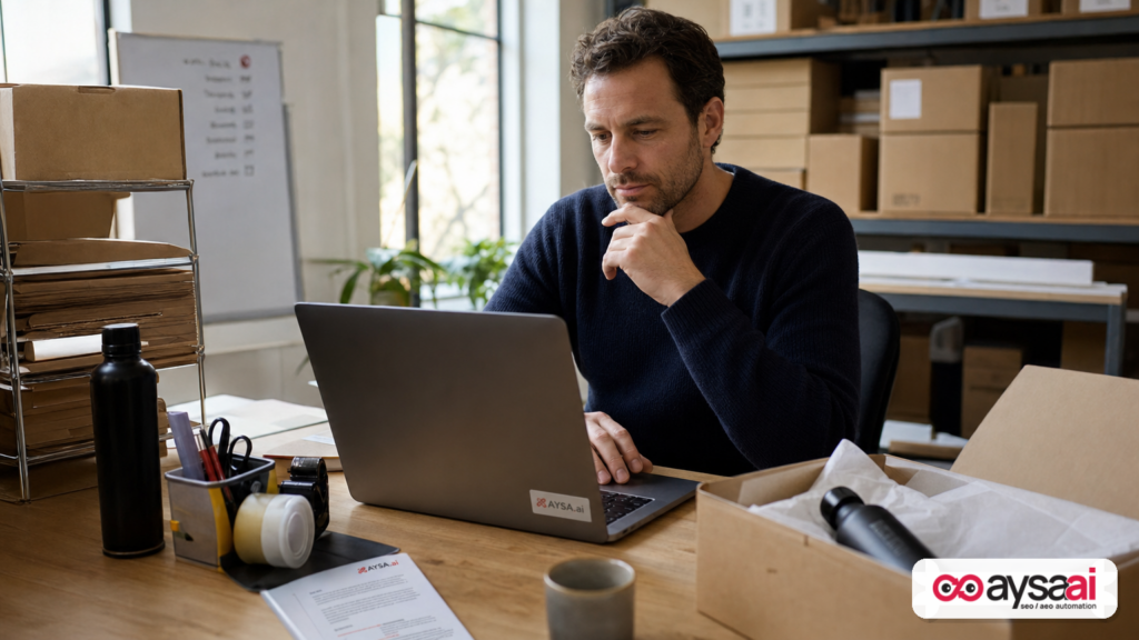 Small business owner reviewing an email draft, illustrating how customer email relationships can influence personalized AI search results.