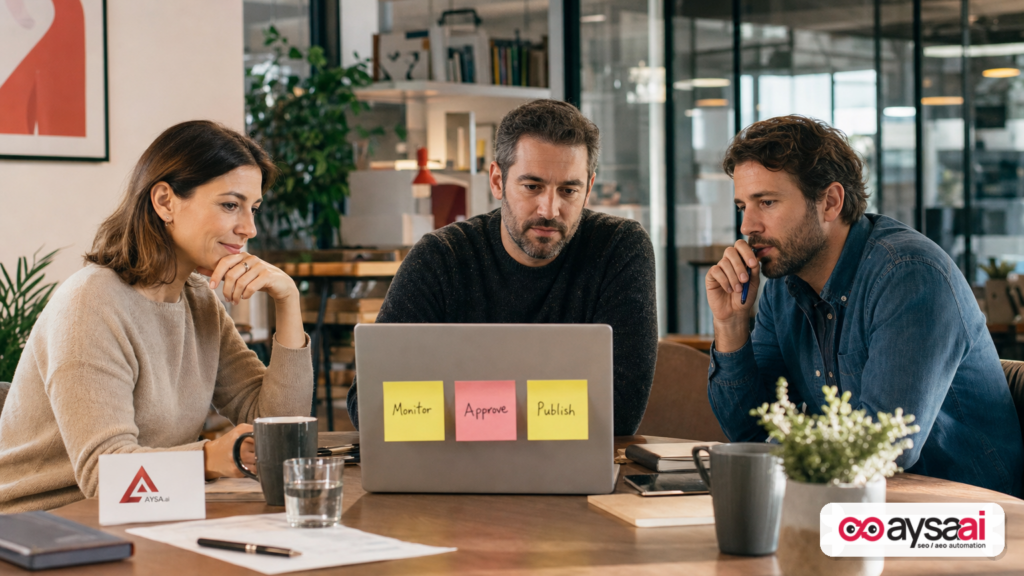 Small business team planning monitoring, approvals, and publishing for AI Search.