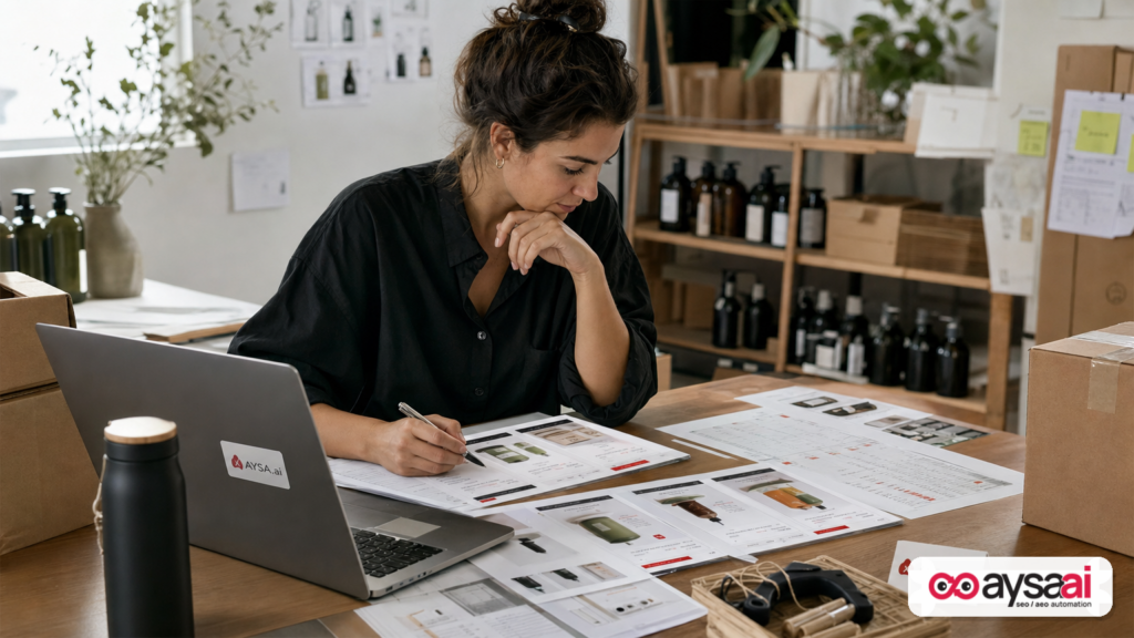 Small ecommerce owner comparing product pages and AI search visibility signals.