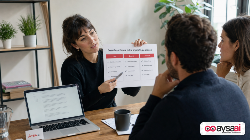 Strategist reviewing a roadmap for optimizing content across classic results and AI-generated answers.