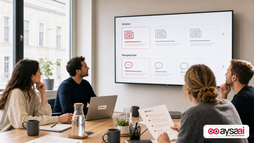 Team reviewing simplified article and perspective carousels on a wall screen in a meeting room.