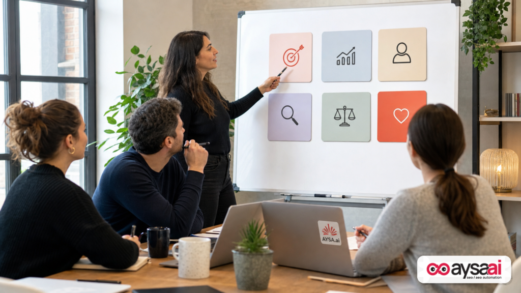 Team workshop around a whiteboard with six category cards grouped into two rows, representing different AI work modes.