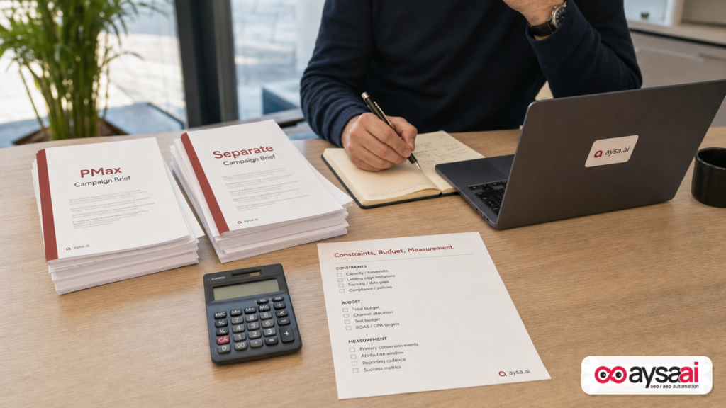 Two campaign planning stacks labeled PMax and Separate with a checklist for budget, constraints, and measurement