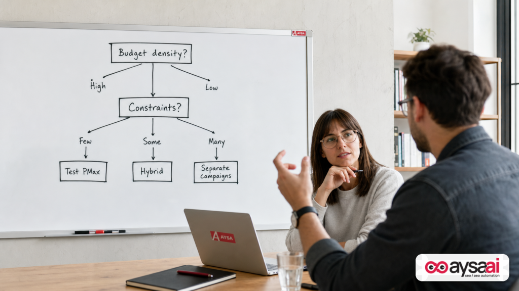 Whiteboard decision tree for choosing PMax, hybrid, or separate Google Ads campaign structures