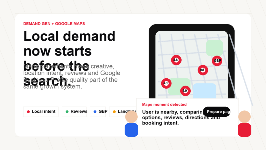 AYSA editorial visual showing Demand Gen ads in Google Maps connected to local SEO signals.
