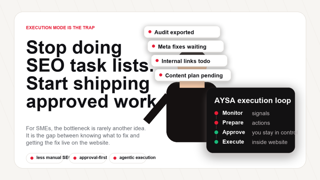 Marketer stuck in SEO execution mode while AYSA turns task lists into approved website actions