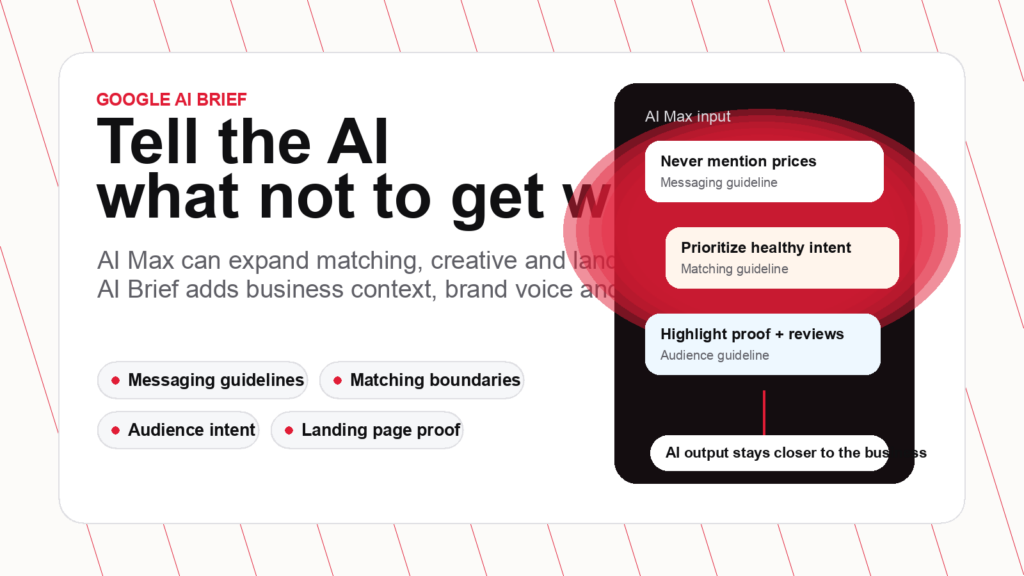 AYSA editorial visual explaining how Google AI Brief adds business context and guardrails to AI-powered advertising.