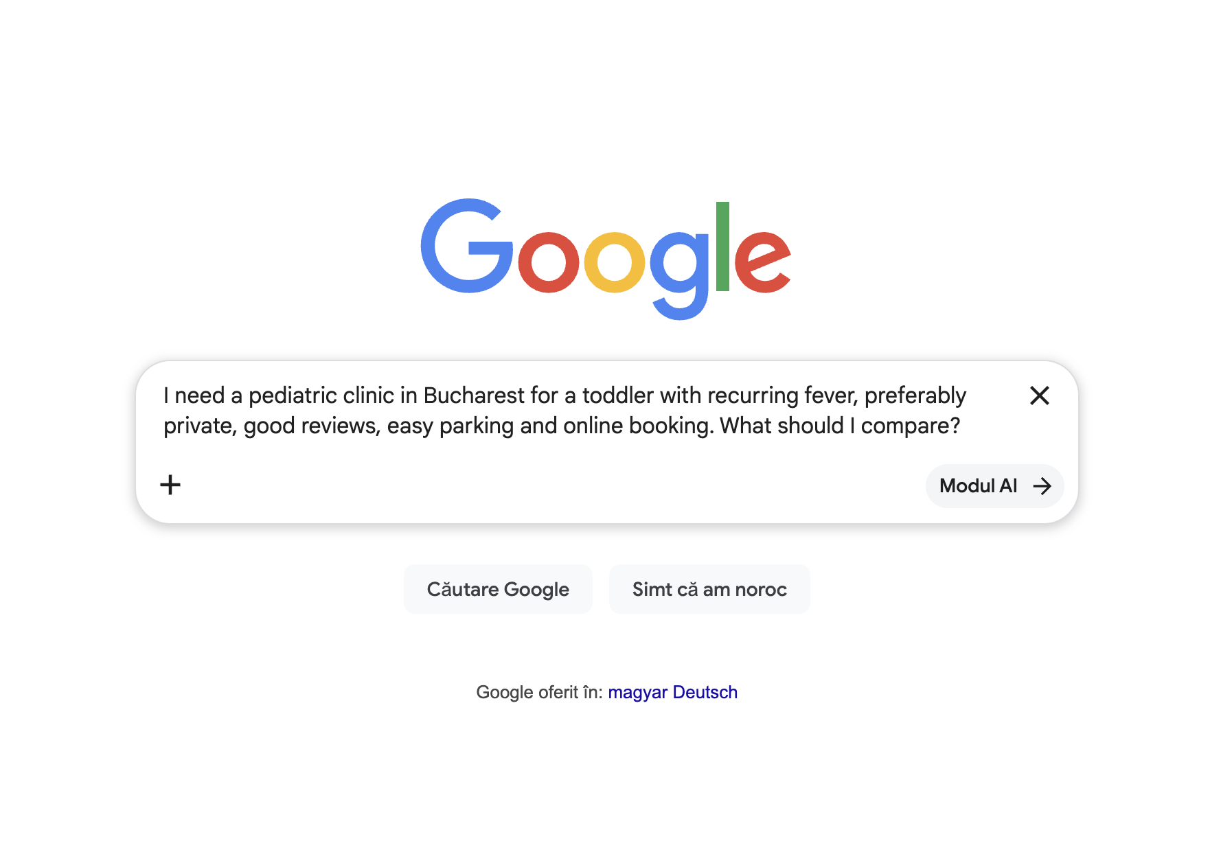 Google AI Mode style search query asking for a private pediatric clinic in Bucharest with good reviews, easy parking and online booking