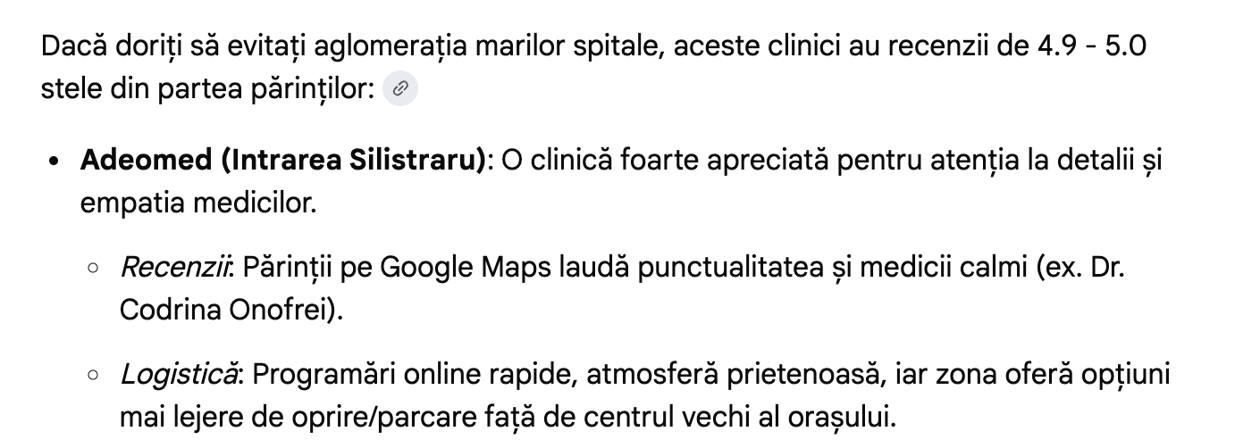 AI-assisted answer example comparing pediatric clinics in Bucharest using reviews, empathy, logistics and parking context