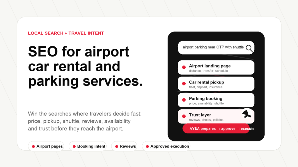 SEO for airport car rental and parking services with local search booking intent reviews and approved AYSA execution