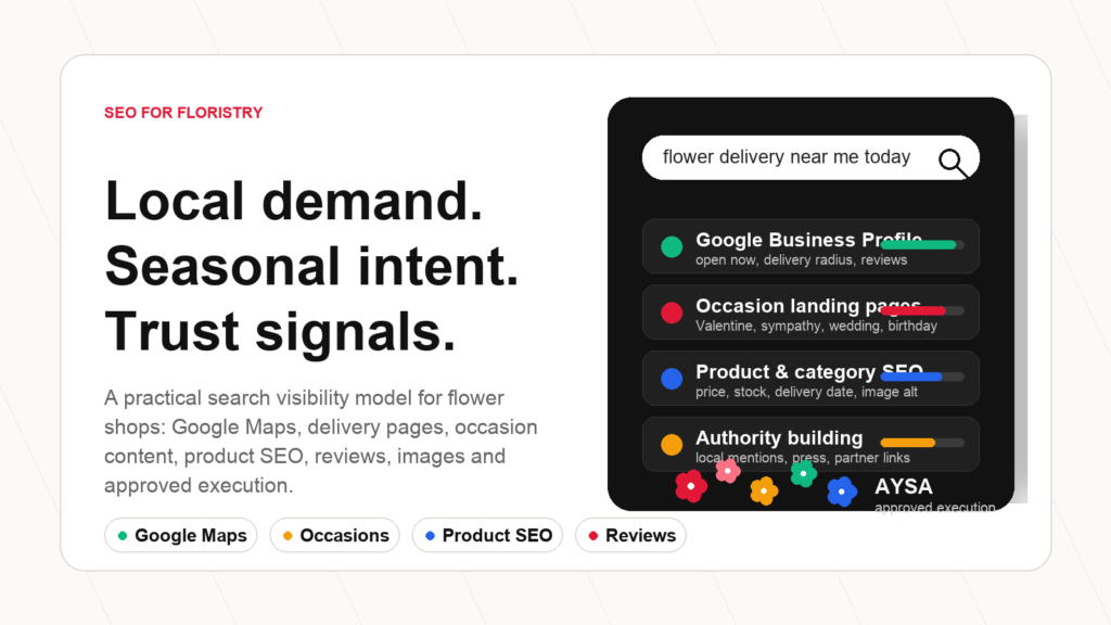 SEO for floristry operating model with local demand seasonal intent and approved AYSA execution