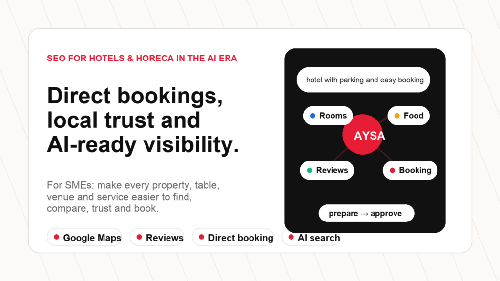 SEO for hotels and HoReCa in the AI era with maps, reviews, booking and AYSA execution