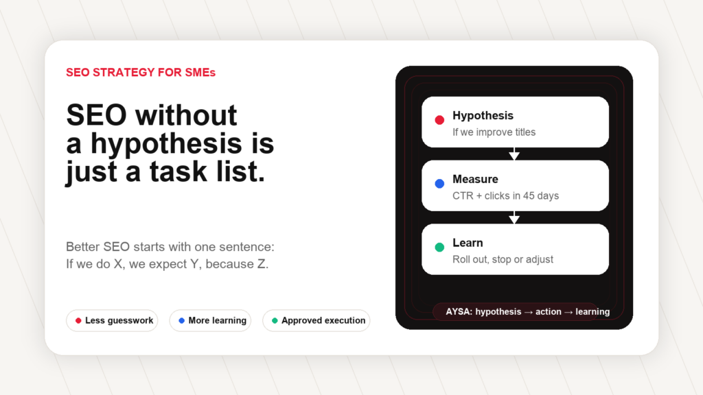 SEO hypothesis workflow visual showing hypothesis measure learn and approved AYSA execution