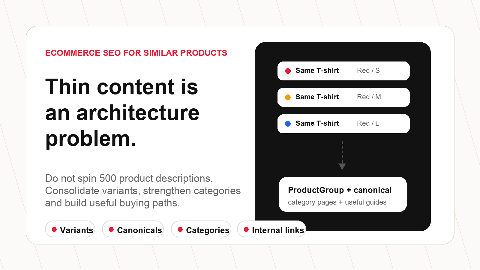 Thin content across similar ecommerce product pages solved through variants, canonicals, categories and internal links