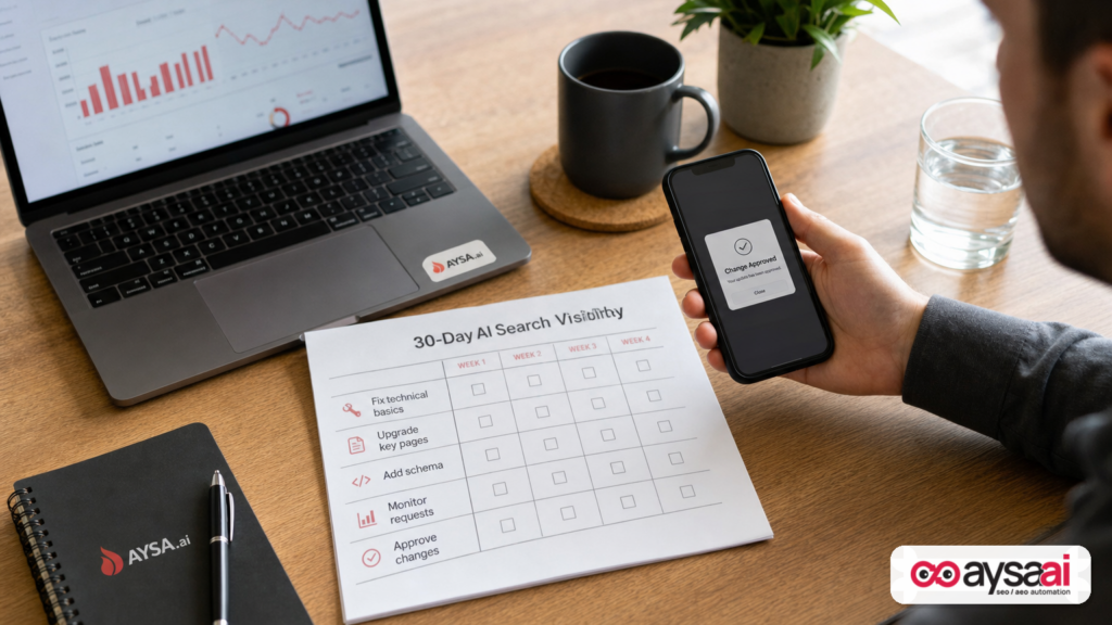 A 30-day AI visibility checklist on a desk with an approval workflow notification.