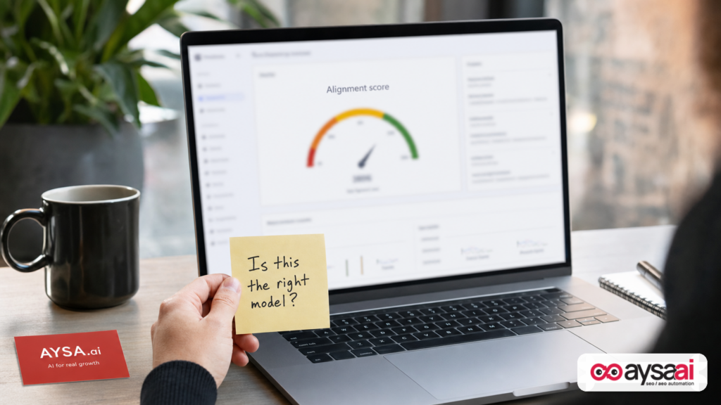 A blurred alignment score on a laptop with a note questioning whether the model is correct.