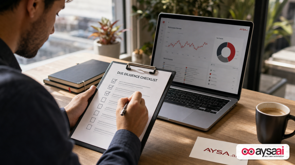 A business owner checks off items on an SEO due-diligence checklist.