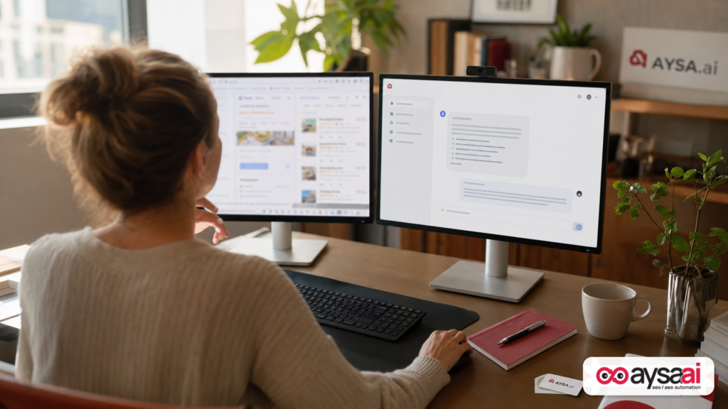 A business owner compares traditional multi-tab research with a single AI recommendation on screen.