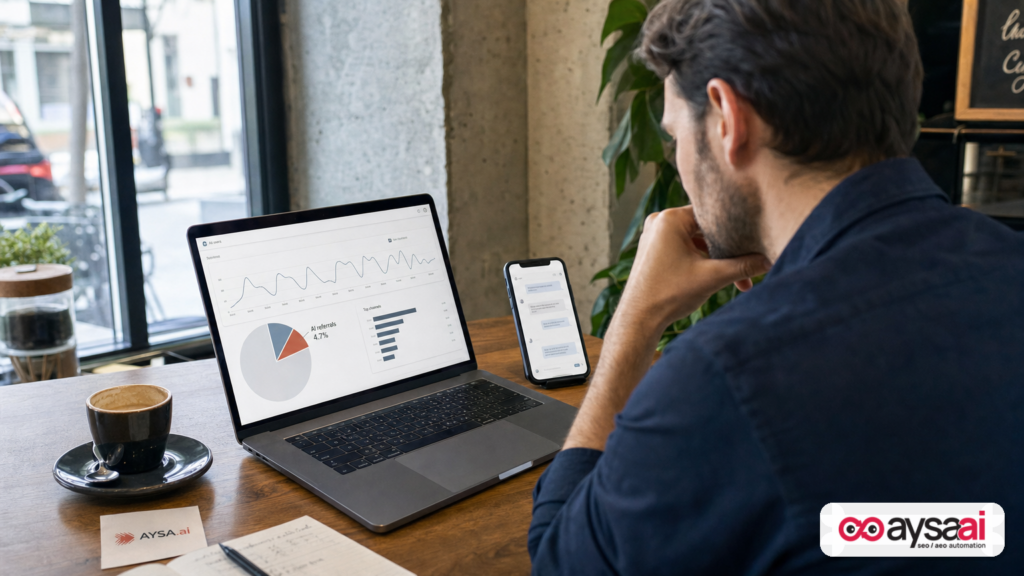 A business owner reviewing a small AI referrals segment in web analytics on a laptop.