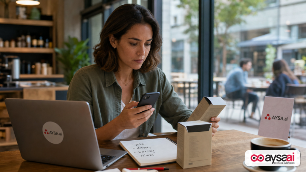 A business owner uses an AI chat interface on a phone while comparing product options and decision criteria.