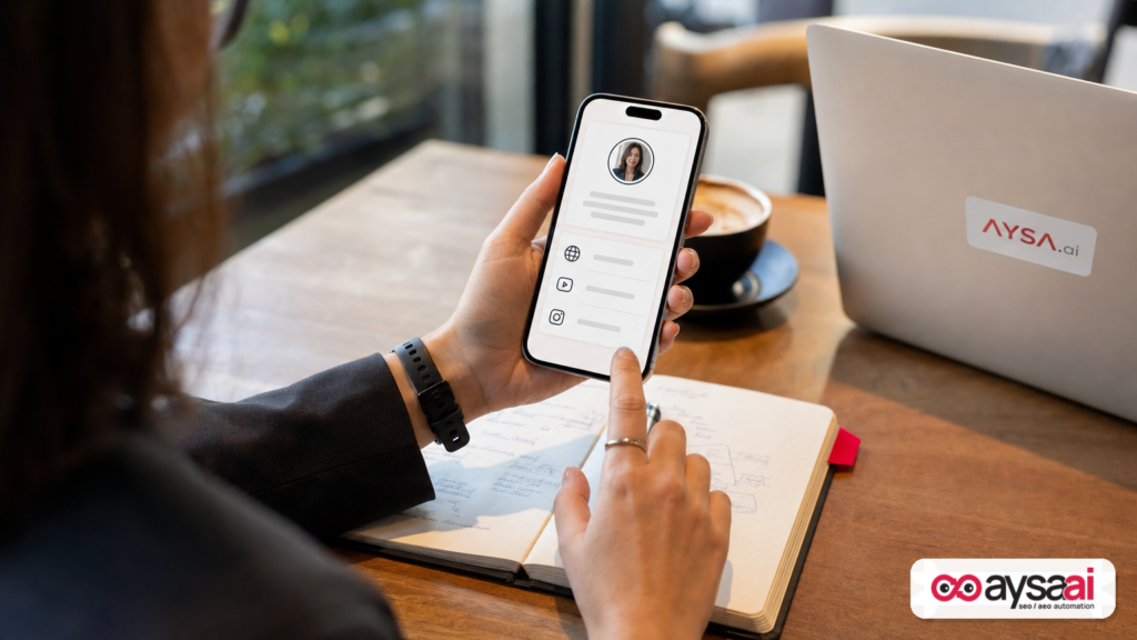 A business owner viewing a generic creator profile card on a smartphone with links to website and social channels.