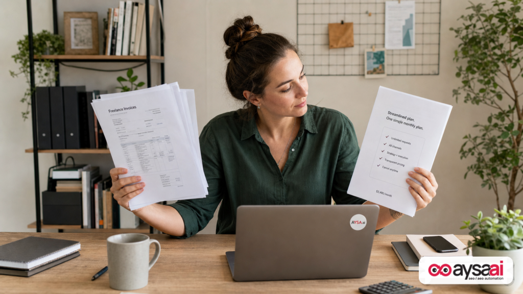 A business owner weighing costs between manual marketing work and software-driven automation.