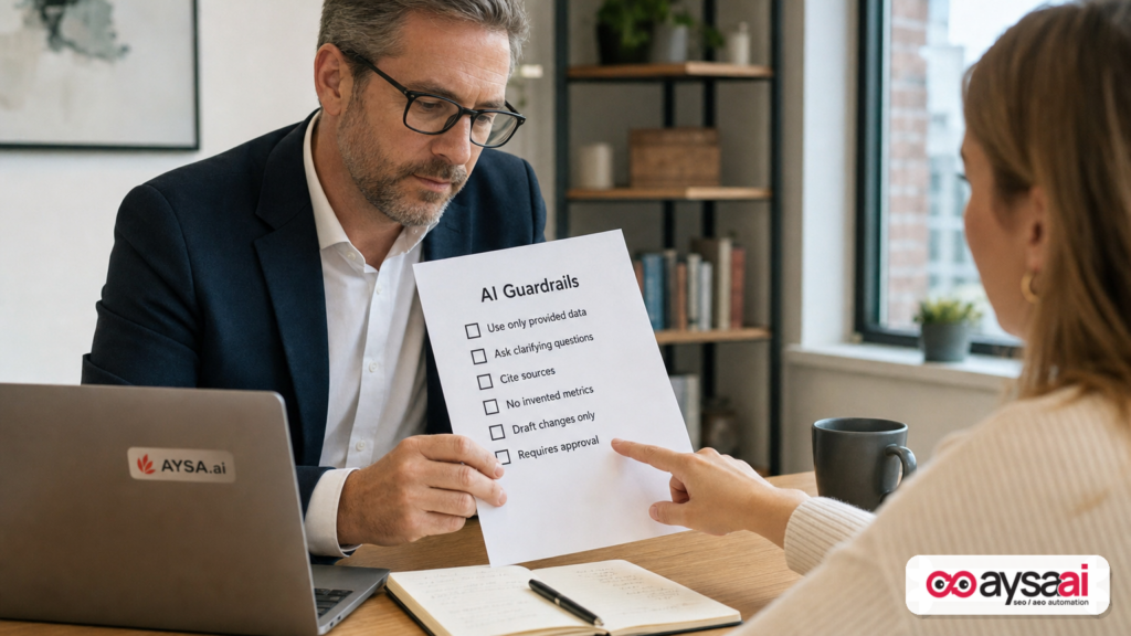 A checklist labeled AI Guardrails emphasizing approval and non-invented data.