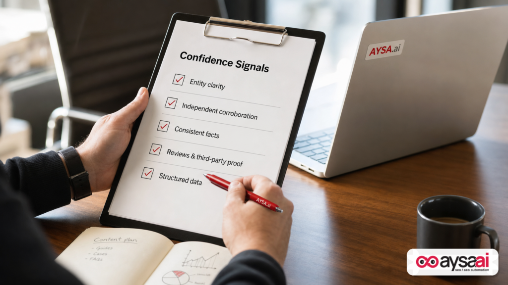 A checklist labeled confidence signals used to explain how AI systems decide what to recommend.